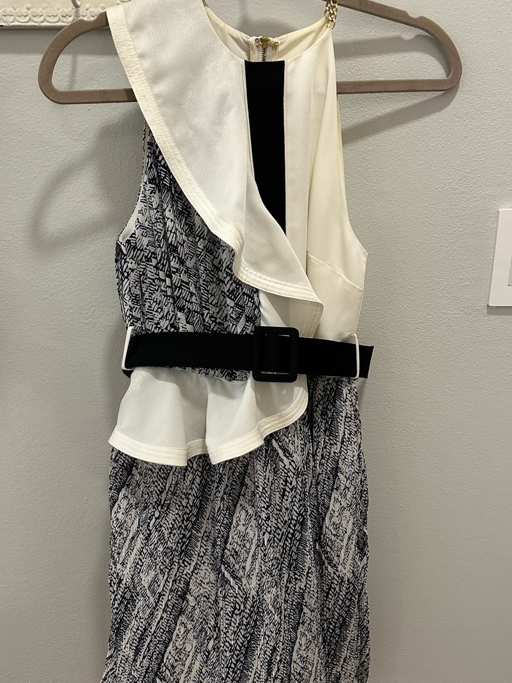 Self-Portrait Blue/Black and off white Sleeveless Ruffled Belted Dress